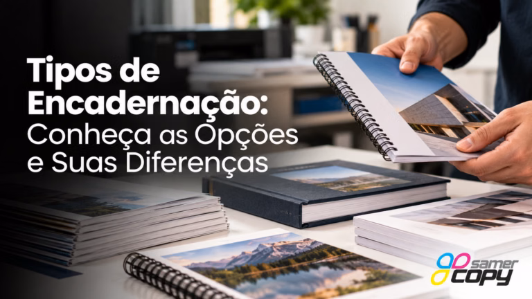 Capa do artigo Tipos de Encadernação, com exemplos de encadernação em espiral e capa dura.