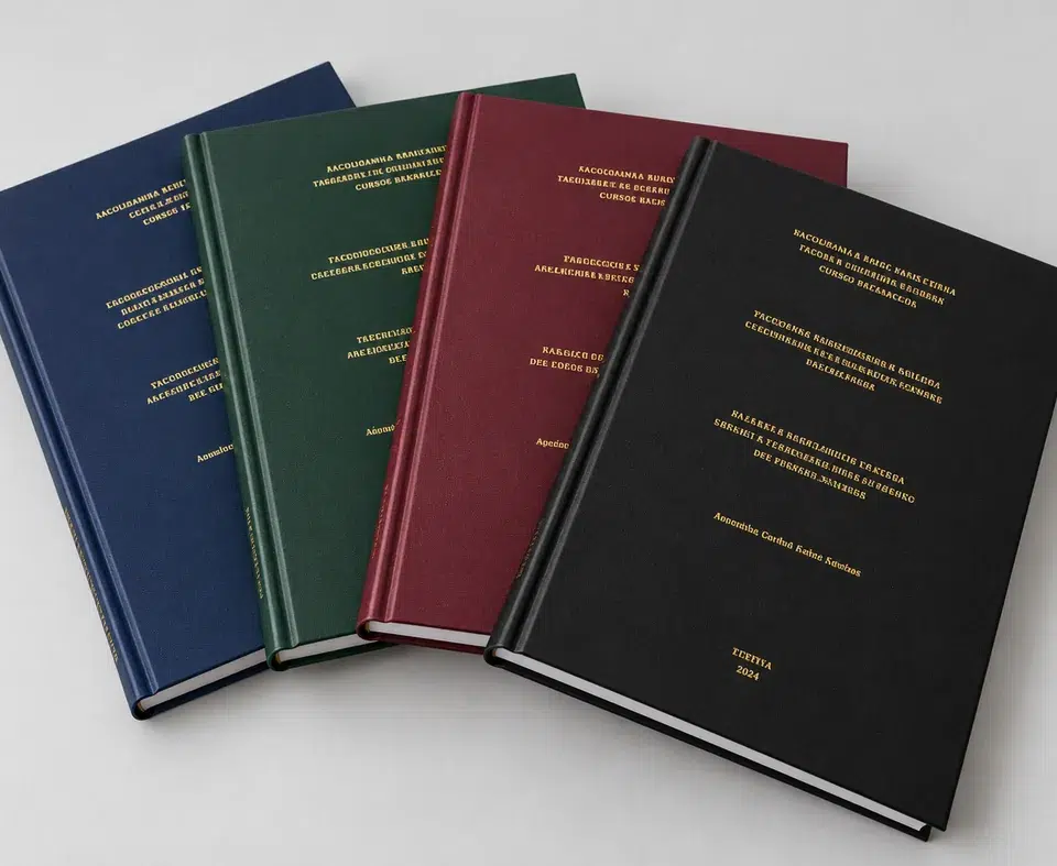 Quatro encadernações em capa dura nas cores azul, verde, vinho e preto, com gravação dourada
