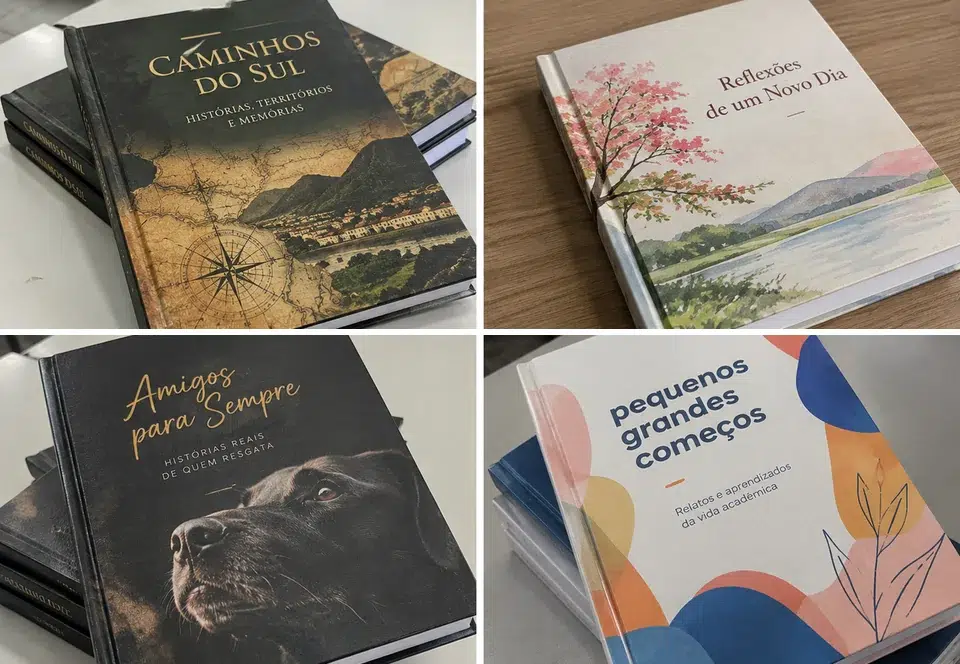 Quatro livros em capa dura com capas personalizadas, incluindo livros ilustrados e um livro de histórias